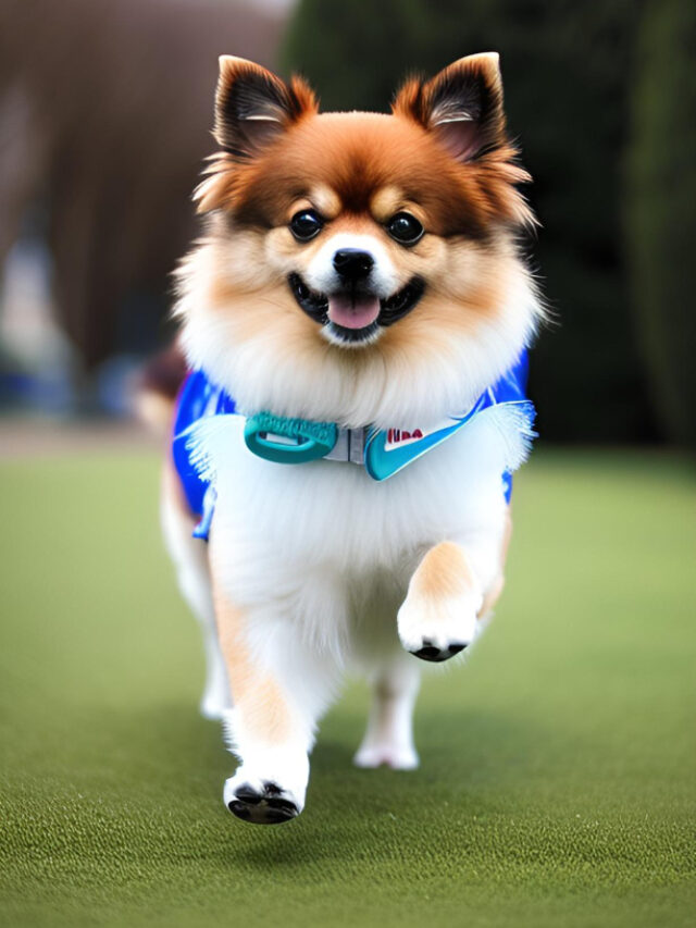 dog-wearing-blue-shirt-blue-bow-tie-runs-across-green-field