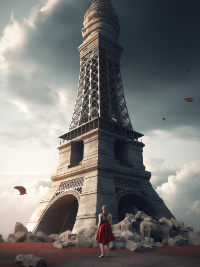 woman-red-dress-stands-front-large-stone-tower